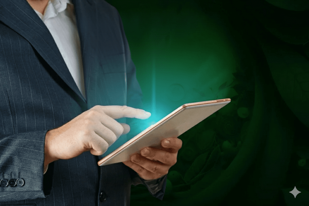 A man in a business suit uses a tablet, representing someone finding answers to frequently asked questions for RobotX Workshops Berlin.